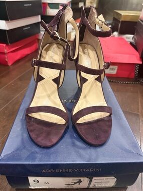 Adrienne Vittadini Deep Plum Suede Strappy Ankle-Heel Sandals